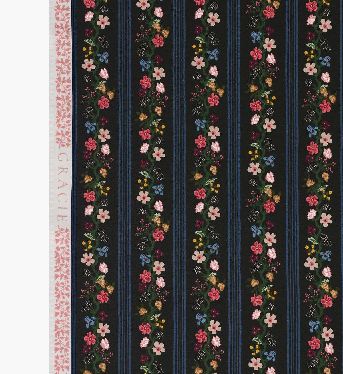 Floral Trellis Stripe Cotton Fabric - Black