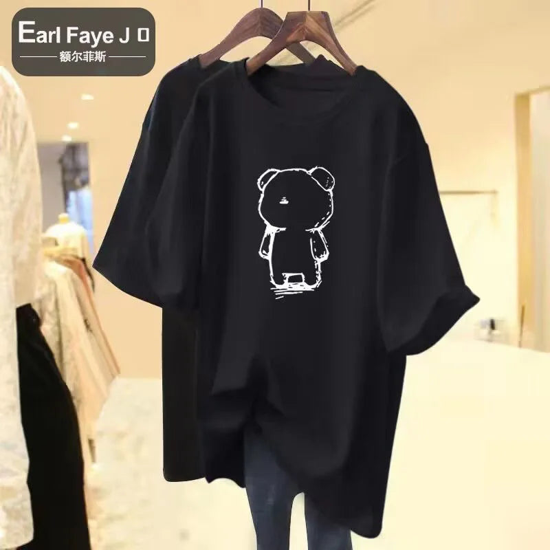 Cartoon Bear Cotton Print Summer Fashion Women's T-shirt Kawaii Casual Plus Size Short Sleeve Loose Street Sport T-shirt Top