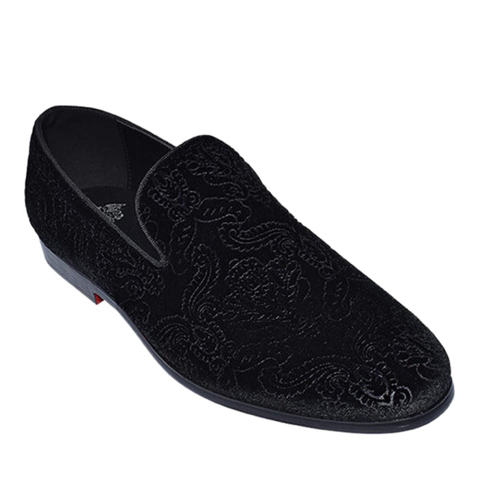 Elegant man wearing KCT Menswear's Black Velvet Paisley Loafer, showcasing a fashionable and unique footwear option for any stylish ensemble