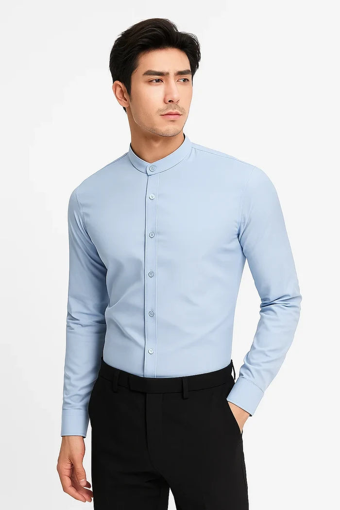 Light Blue Collarless Dress Shirt - View 3