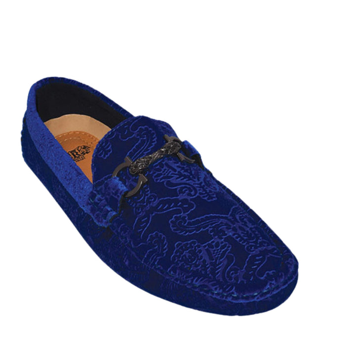Elegant man wearing KCT Menswear's Royal Blue Velvet Paisley With Buckle Loafer, showcasing a fashionable and unique footwear option for any stylish ensemble