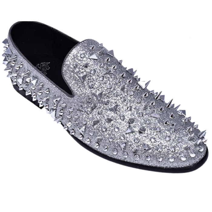 A stylish high school student wearing KCT Menswear's Silver Prom Spikes, showcasing their sleek color, sparkling accents, and striking spikes - the perfect statement shoes for a memorable prom night