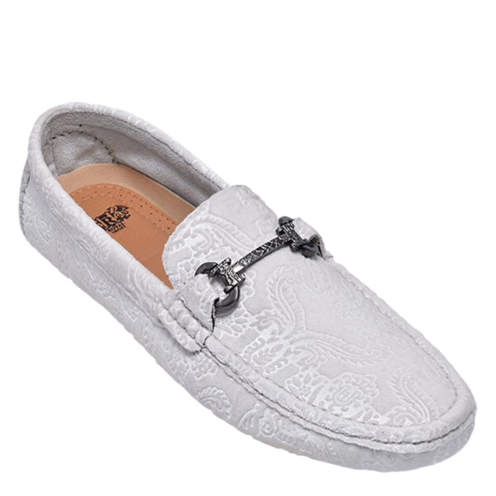 Elegant man wearing KCT Menswear's White Velvet Paisley With Buckle Loafer, showcasing a fashionable and unique footwear option for any stylish ensemble