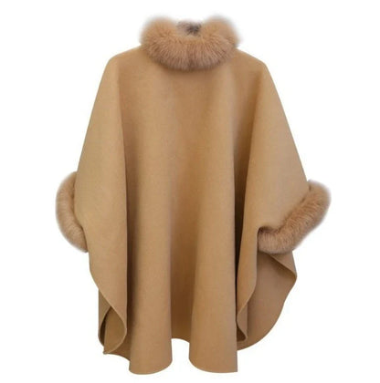 Custom Warm Autumn and Winter Large Fur Collar Mid Length Woolen Coat Cloak Shawl Loose Ladies Women Faux Fur Wool Shawl