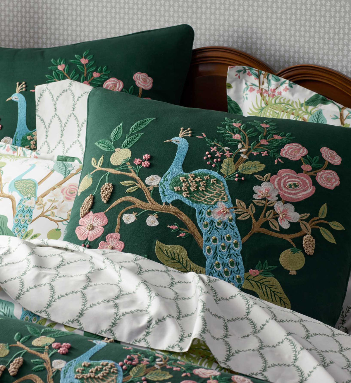 Embroidered Pillow Cover - Peacock Emerald