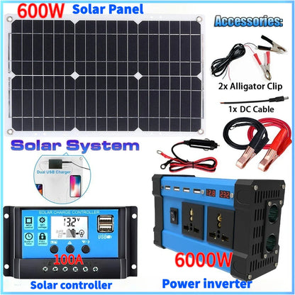 All-in-One 6000W Solar Generator: 600W Panel + MPPT Controller & Dual Voltage Inverter (110V/220V) for Home & RV & Camping