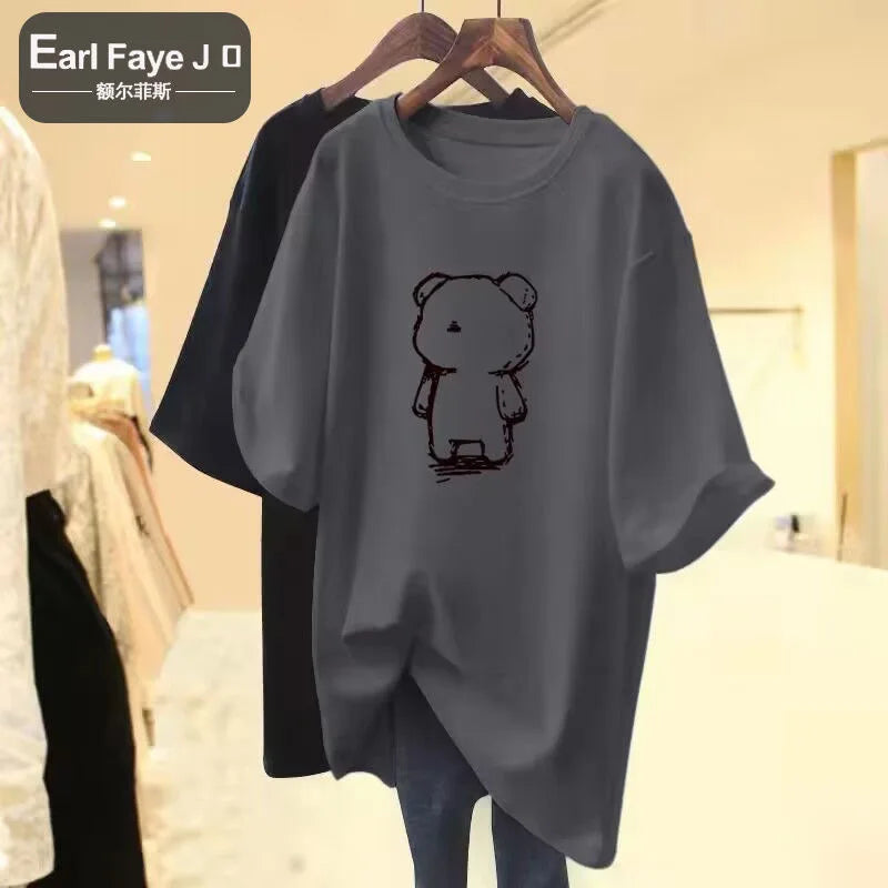 Cartoon Bear Cotton Print Summer Fashion Women's T-shirt Kawaii Casual Plus Size Short Sleeve Loose Street Sport T-shirt Top