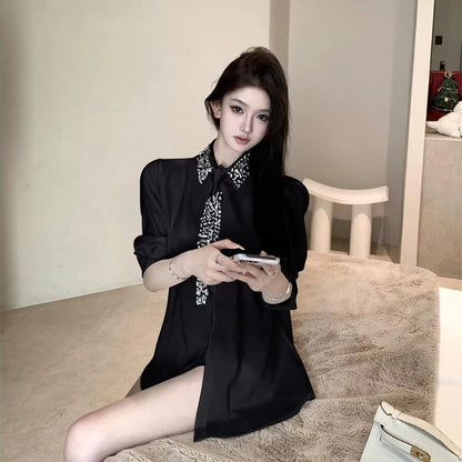 2025 Women's White Shirt New Spring Autumn Crystal Beading With Necktie Chiffon Shirt Female Blouses Ladies Tops Women Clothing