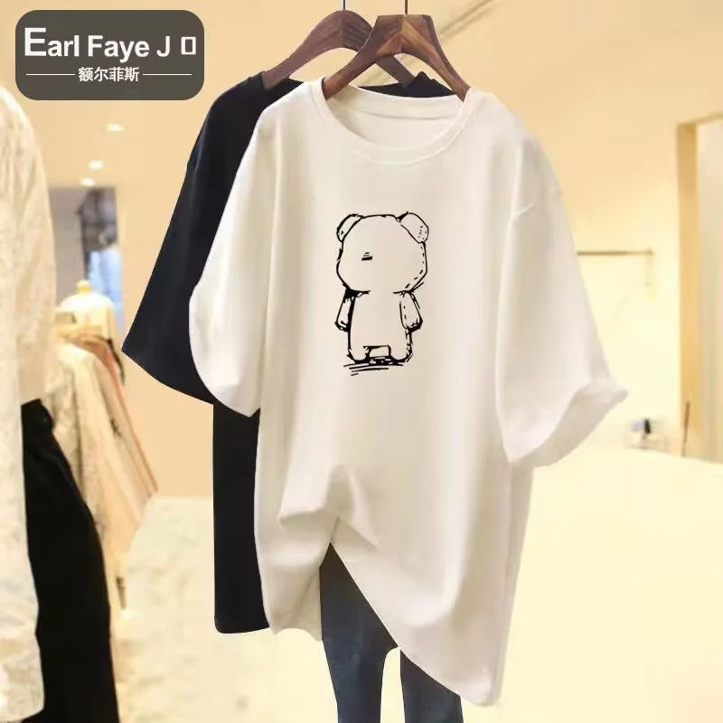 Cartoon Bear Cotton Print Summer Fashion Women's T-shirt Kawaii Casual Plus Size Short Sleeve Loose Street Sport T-shirt Top
