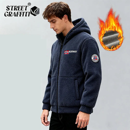 2025 Fleece Men's Coat Thickened Warm Windproof Loose Outdoor Collar Fleece Hooded Jacket Norwegian Printed Good Soldier