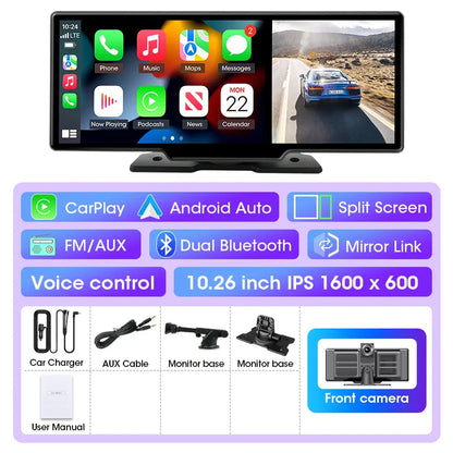 11.26 inch Car DVR 4K Dash Cam Dual Lens Wireless Carplay & Android Auto Video Recorder Monitor GPS Navigation 5G Wifi FM AUX