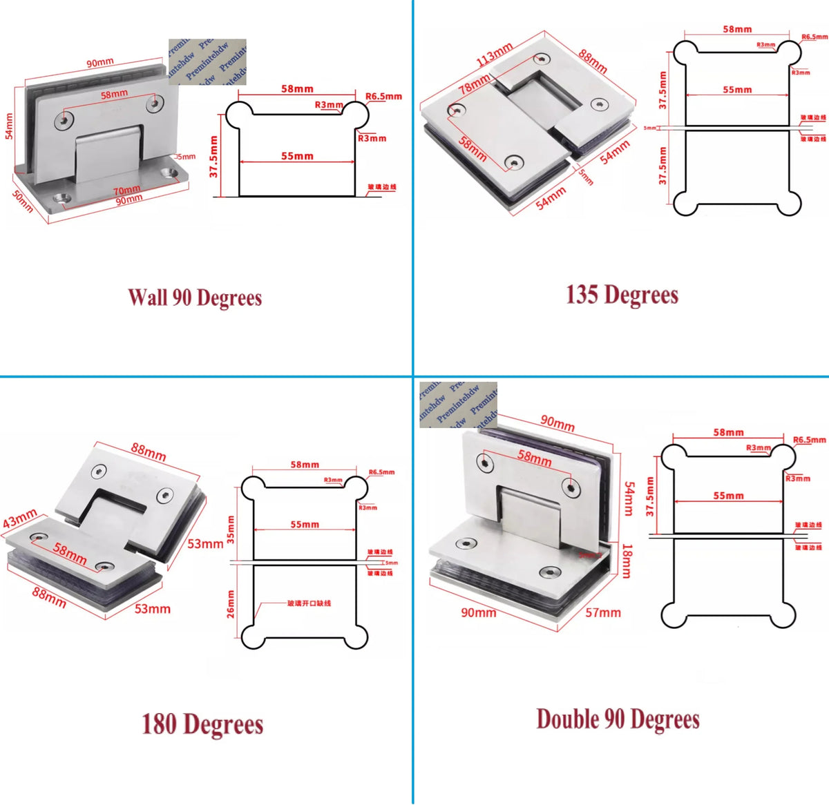 2Pcs 304 Stainless Steel Shower Enclosure Door Hinge 90 135 180 Degrees Rose Gold Matte Black Mirror Antique Bronze White