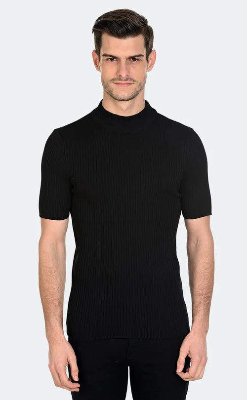 Black Short Sleeve Moc Neck