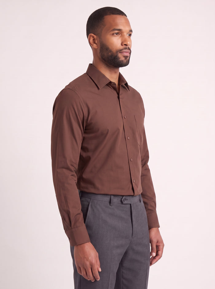 Brown classic fit dress shirt on model - side view - KCT Menswear
