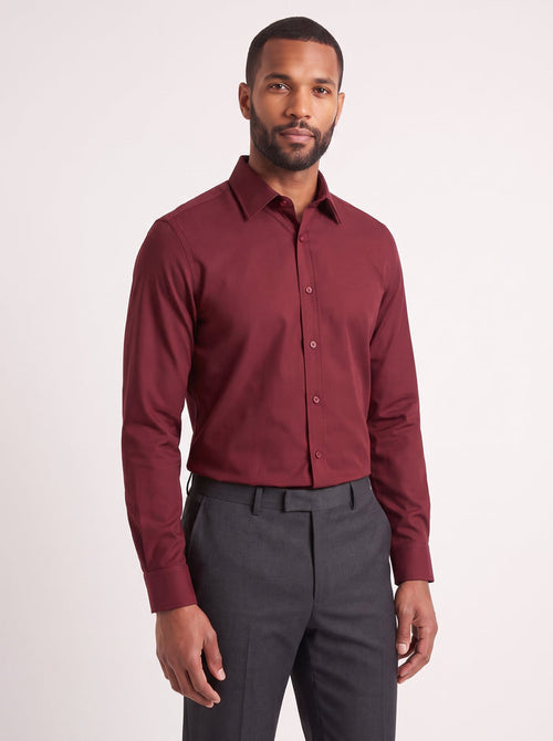 Burgundy slim fit dress shirt on model - front view - KCT Menswear