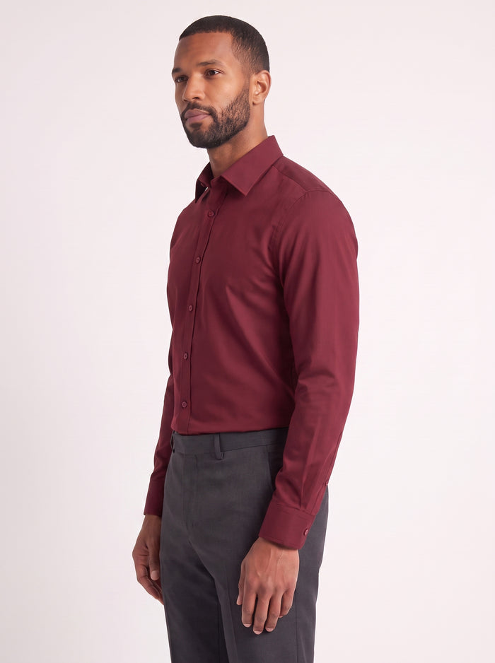 Burgundy slim fit dress shirt on model - side view - KCT Menswear