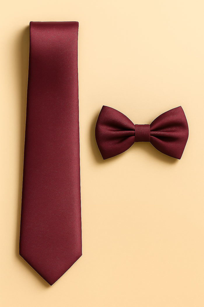 Burgundy Tie and Bowtie Set with Matching Pocket Square - KCT Menswear