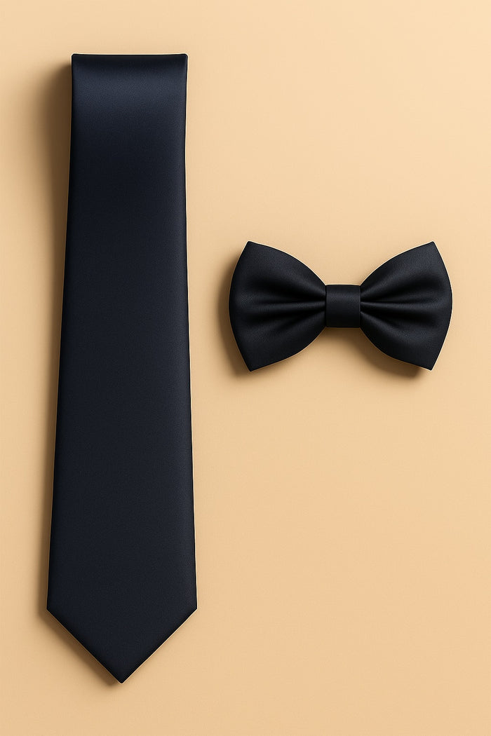 Dark Navy Tie and Bowtie Set with Matching Pocket Square - KCT Menswear