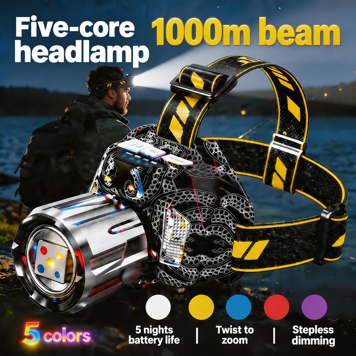🔥 Limited Time Deal: 5-Color Zoom Headlamp – 1000m Long Range Beam, Rechargeable Outdoor LED Light