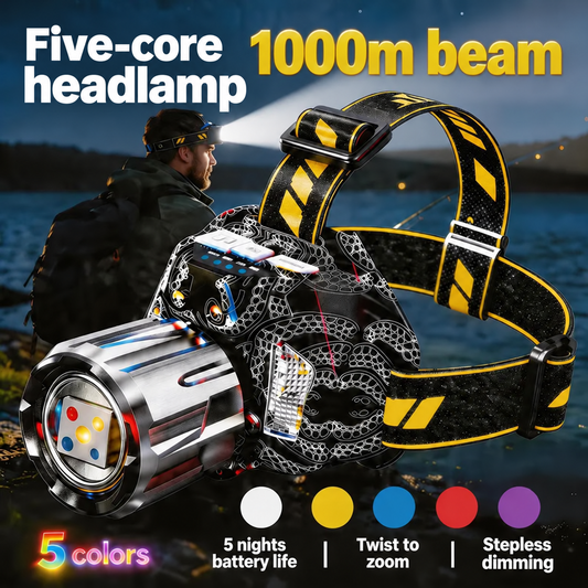 🔥 Limited Time Deal: 5-Color Zoom Headlamp – 1000m Long Range Beam, Rechargeable Outdoor LED Light