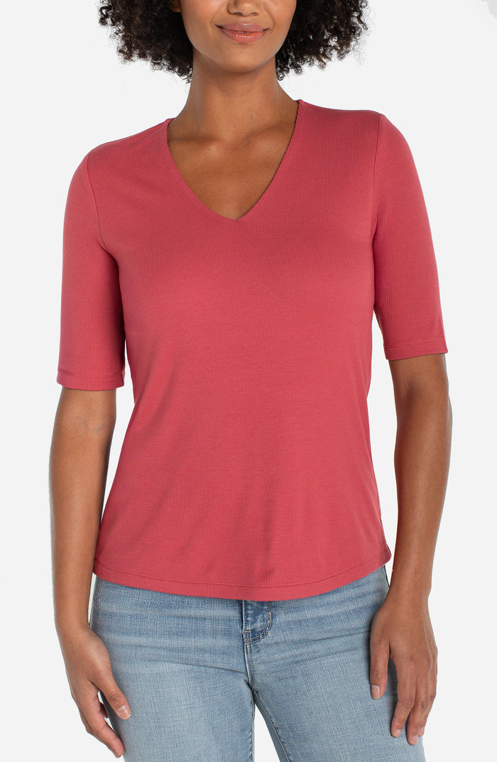 Double Layer V Neck 1/2 Sleeve Rib Knit Top