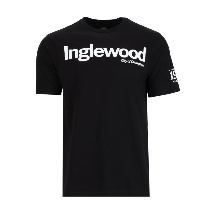 Men's black T-shirt with white front text graphic and crew neck