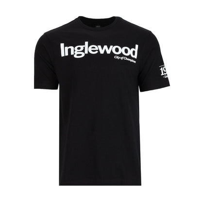 Men's black T-shirt with white front text graphic and crew neck