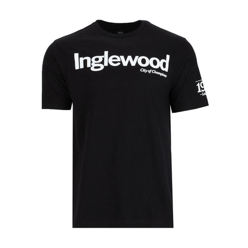 Men's black T-shirt with white front text graphic and crew neck