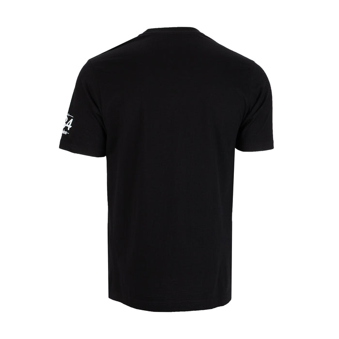 Men's black T-shirt, back view, small sleeve logo print