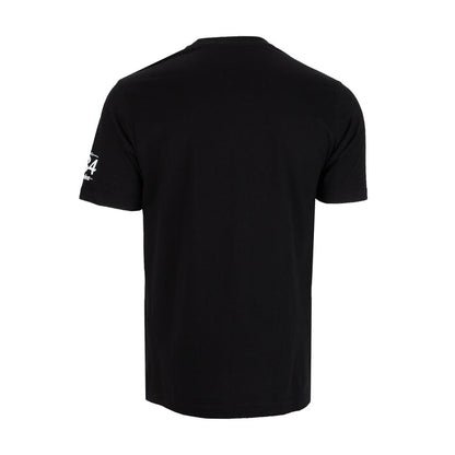 Men's black T-shirt, back view, small sleeve logo print