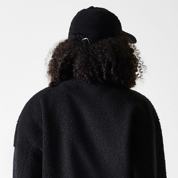 The Female model is wearing LA Dodgers Womens MLB Black Oversized Sherpa Bomber Jacket 7