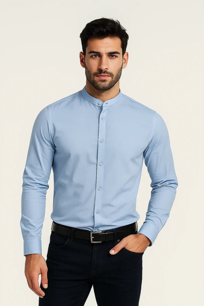 Light Blue Collarless Dress Shirt - View 2