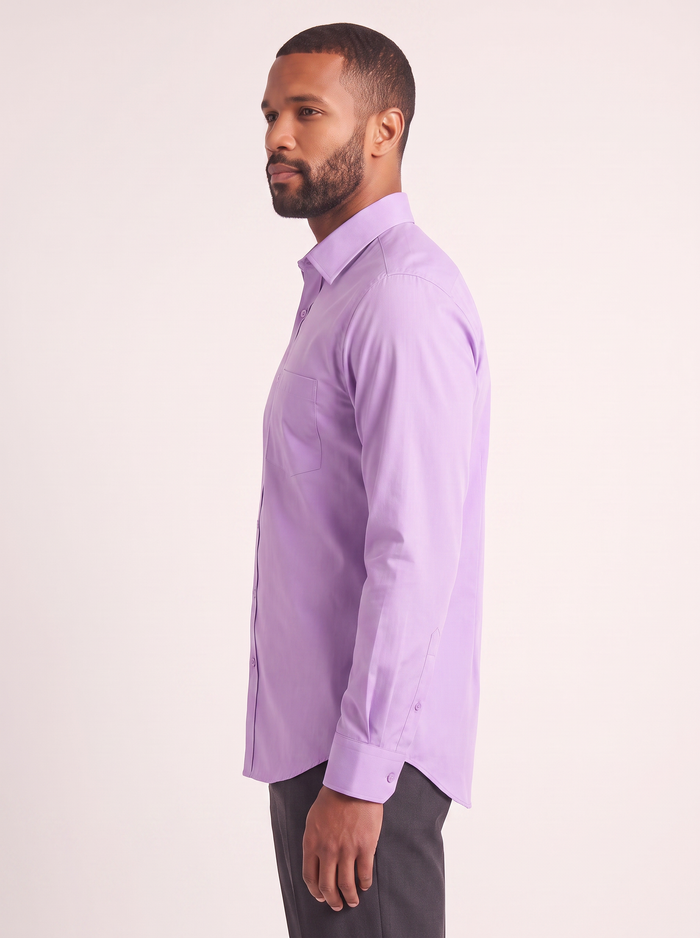 Lilac classic fit dress shirt on model - side view - KCT Menswear