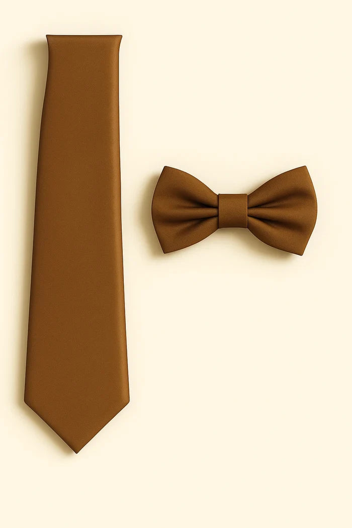 Medium Brown Tie and Bowtie Set with Matching Pocket Square - KCT Menswear