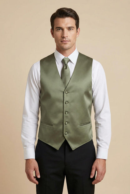 Olive Green Vest and Tie Set - Model View