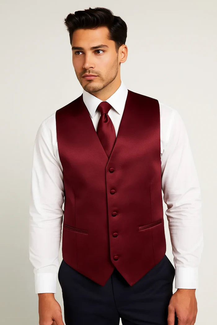 Wine Burgundy Vest and Tie Set - Model View