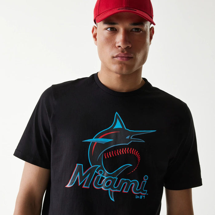 The Male model is wearing Miami Marlins MLB Regular Black T-Shirt 3