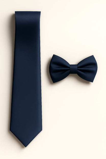 Navy Blue Tie and Bowtie Set with Matching Pocket Square - KCT Menswear