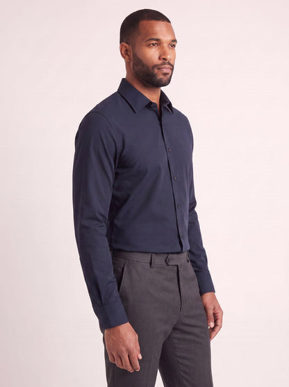 Navy slim fit dress shirt on model - side view - KCT Menswear