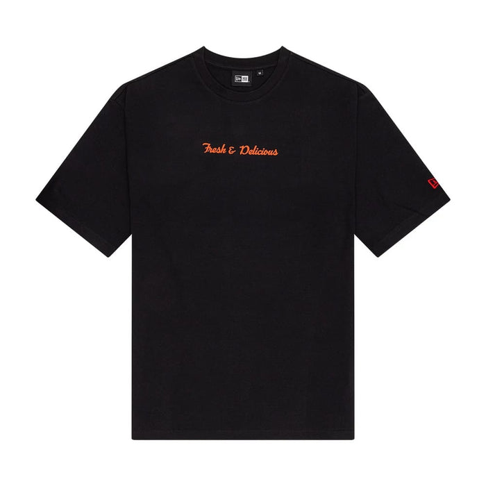 The Male model is wearing New Era Soy Sauce Graphic Black Oversized T-Shirt 1