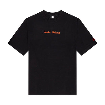 The Male model is wearing New Era Soy Sauce Graphic Black Oversized T-Shirt 1
