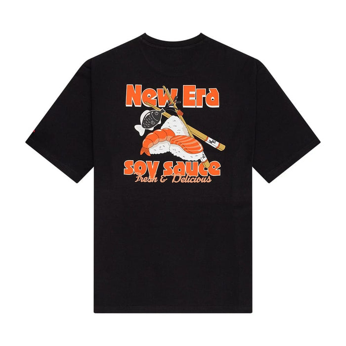 The Male model is wearing New Era Soy Sauce Graphic Black Oversized T-Shirt 2