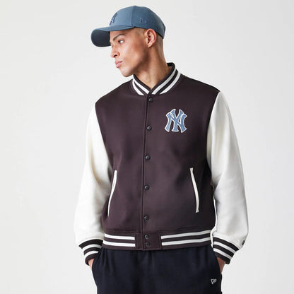 The Male model is wearing New York Yankees MLB Dark Brown Varsity Jacket 3