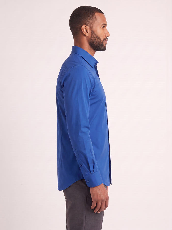 Royal Blue slim fit dress shirt on model - side view - KCT Menswear