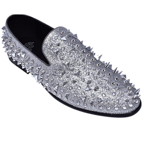 A stylish high school student wearing KCT Menswear's Silver Prom Spikes, showcasing their sleek color, sparkling accents, and striking spikes - the perfect statement shoes for a memorable prom night