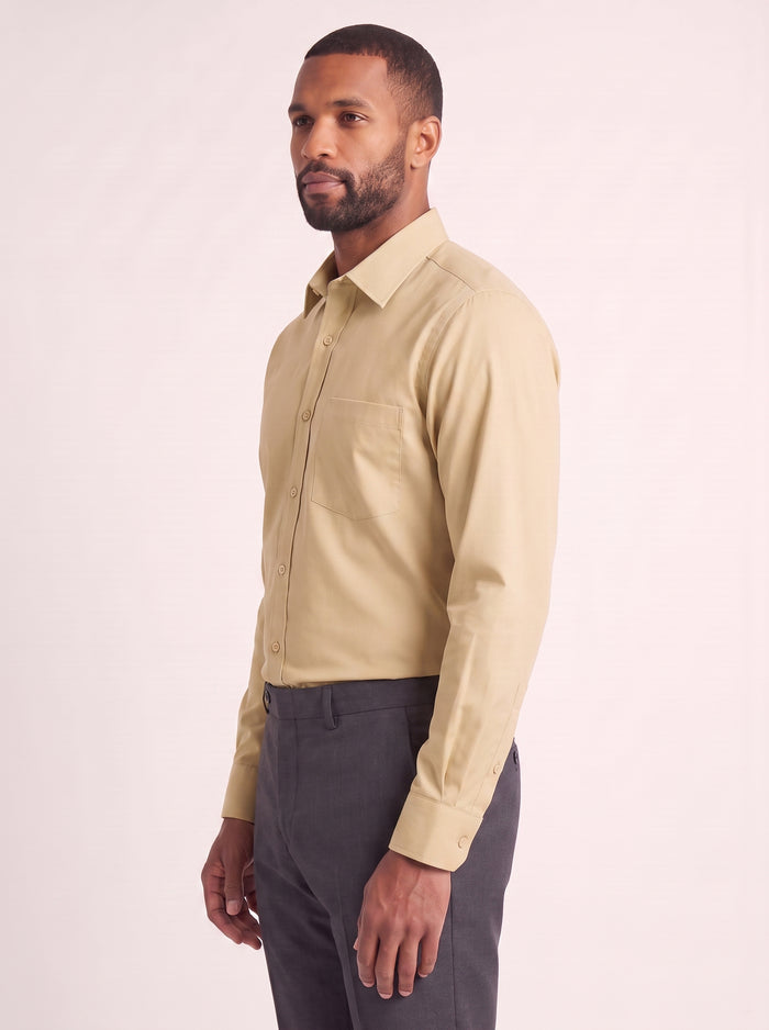 Tan classic fit dress shirt on model - side view - KCT Menswear