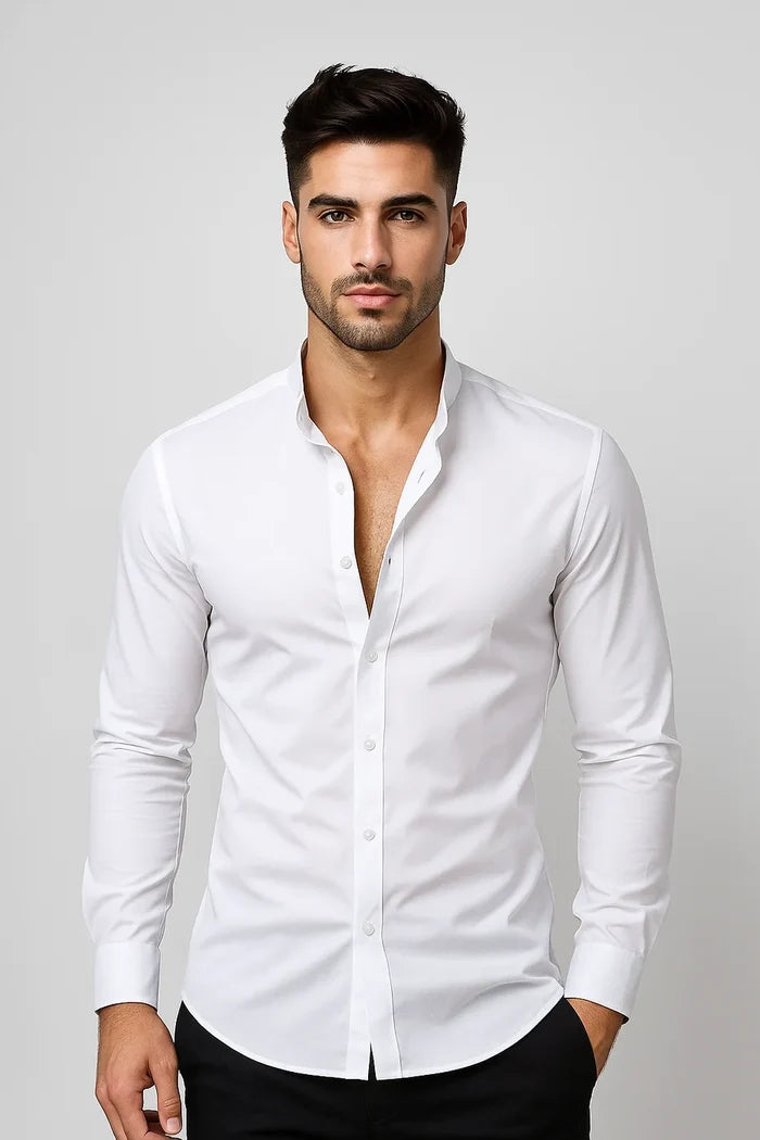 White Collarless Dress Shirt