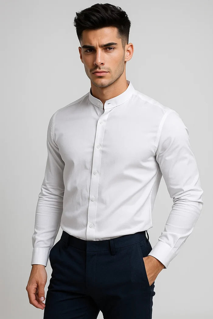 White Collarless Dress Shirt - View 2