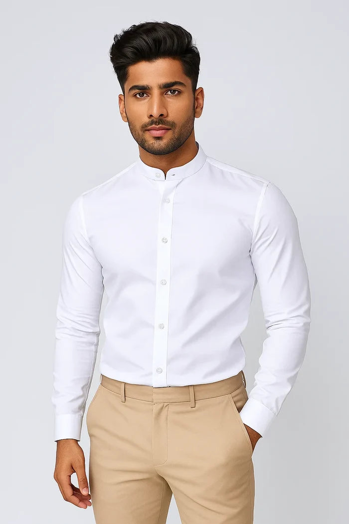White Collarless Dress Shirt - View 3